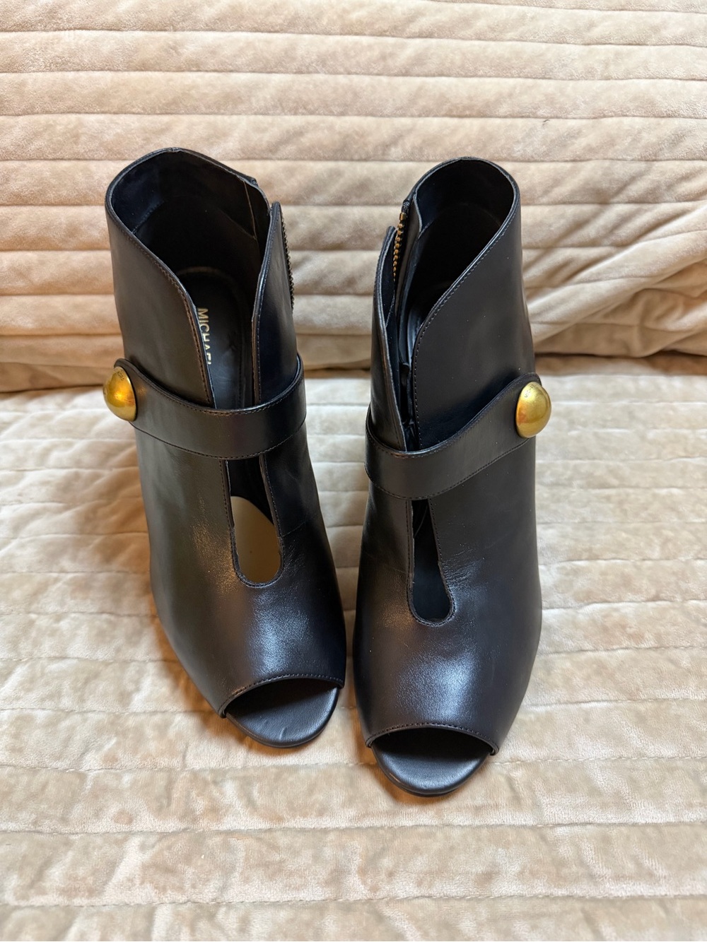 Michael Kors Black Leather Peep-Toe Ankle Booties with Gold Button - Picture 2 of 5